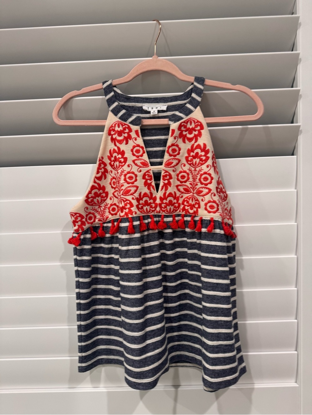 THML Navy & Cream Stripe Tank Dress with Red Embroidered Yoke